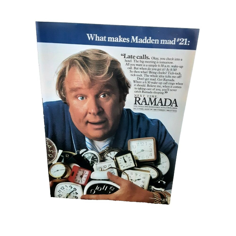 Vintage 1986 Ramada Inn Print Ad John Madden Advertising Clock Theme